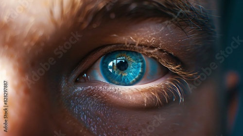 A close-up of a person's blue eye.