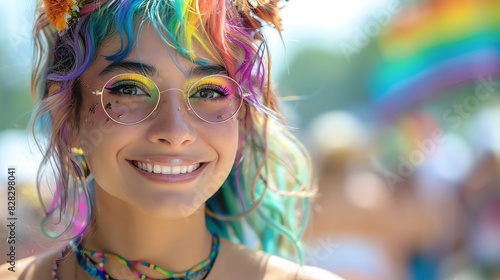 A person with rainbow-colored hair and makeup at a Pride event