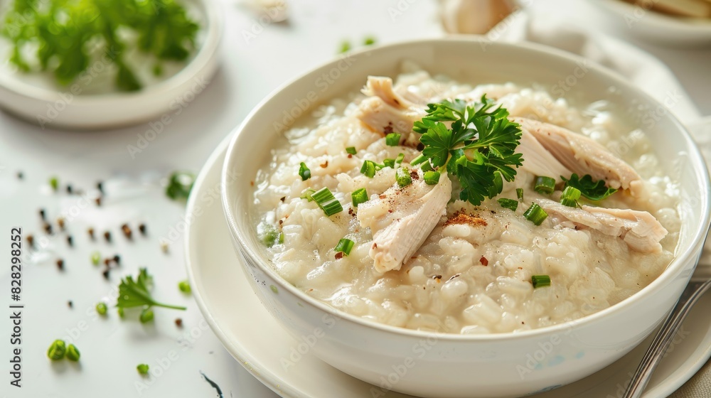 Close up photograph of chicken porridge on a white background