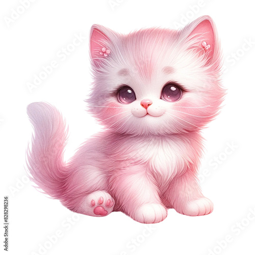 Adorable pink fluffy kitten sitting with a cute expression. Perfect for animal lovers and pet-related designs.