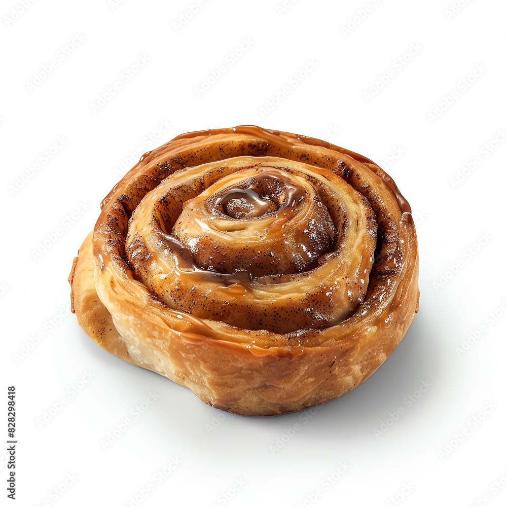 A close-up image of a delicious, freshly baked, golden brown cinnamon roll, isolated on a white background. A close-up image of a delicious, freshly baked, golden brown cinnamon roll, isolated on a white background.