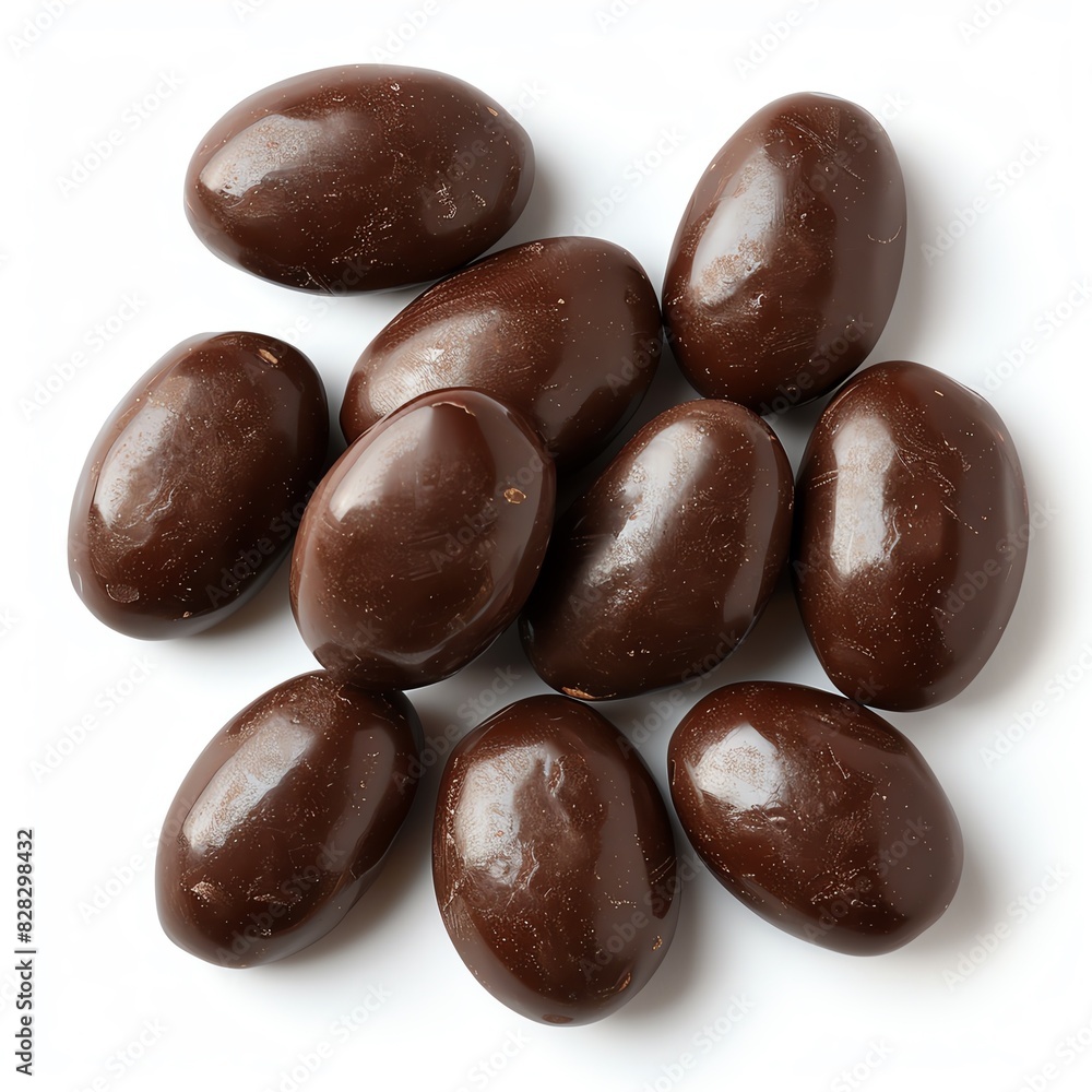 A handful of chocolate almonds isolated on a white background. A handful of chocolate almonds isolated on a white background.