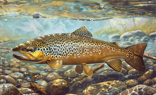 "Majestic Trout Swimming in a River"