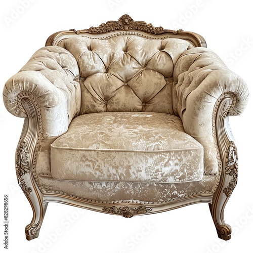 The image shows a luxurious armchair with a golden frame and beige upholstery.