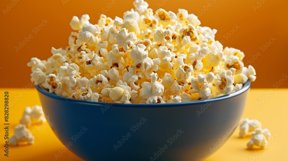 A blue bowl filled with popcorn is placed on top of a yellow table A blue bowl filled with popcorn is placed on top of a yellow table