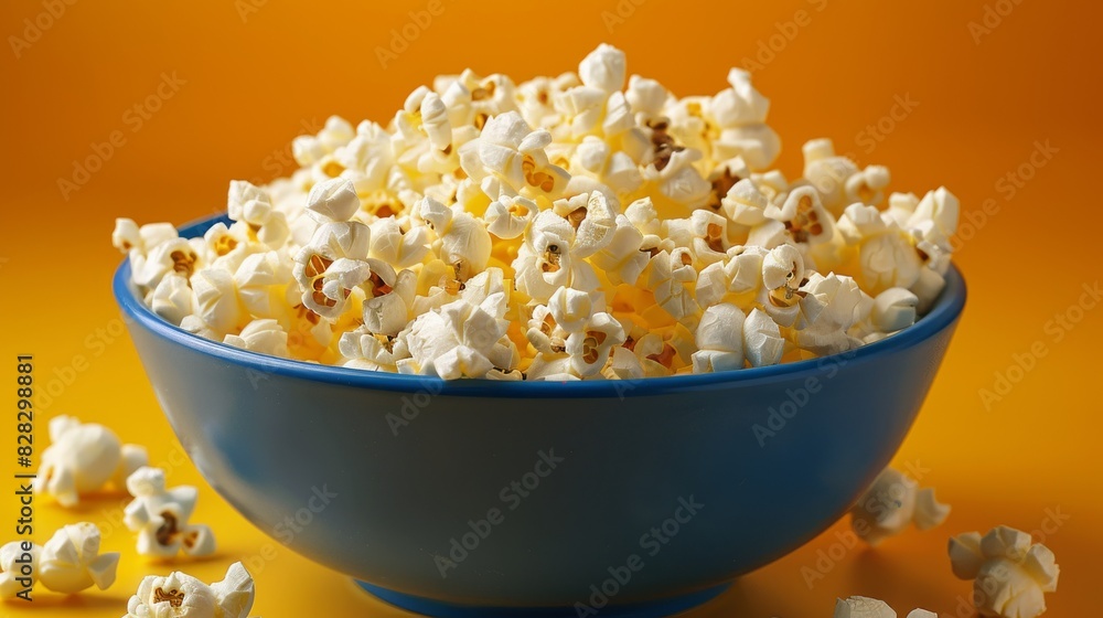 A blue bowl filled with popcorn sits atop a bright yellow table A blue bowl filled with popcorn sits atop a bright yellow table