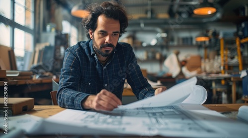 Amidst the hustle and bustle of the workspace, a male architect dons reflective attire as he carefully examines a blueprint, oblivious to the chatter of his coworkers nearby photo