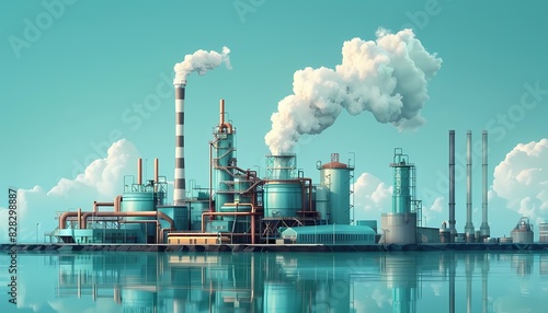 Imagine a flat design of a factory with a carbon capture device