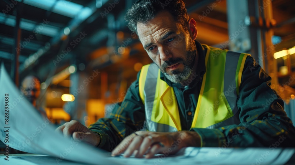 Amidst the hustle and bustle of the workspace, a male architect dons reflective attire as he carefully examines a blueprint, oblivious to the chatter of his coworkers nearby