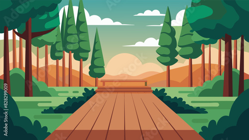 A wooden deck surrounded by tall trees providing a peaceful setting for outdoor meditation.. Vector illustration