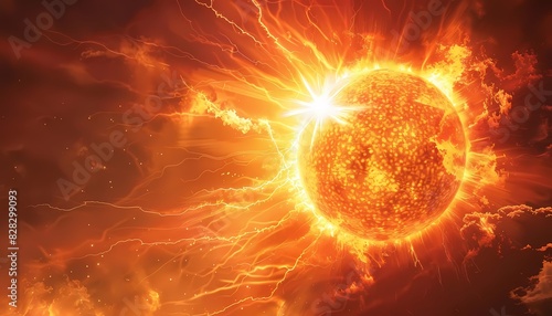 Imagine a flat design of a sun with intense heat rays beaming down