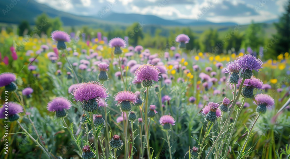 Naklejka premium Stunning scenes of thistle blooming, Expansive natural garden brimming with diverse range of thistle in full bloom, conditions, tranquil and rejuvenating atmosphere. Generative AI.