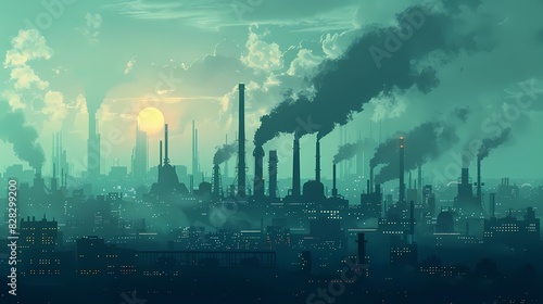 Imagine a flat design of an industrial city under heavy pollution photo