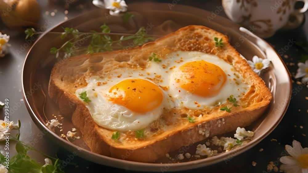 Top view breakfast a tray with heart-shaped toast, eggs, coffee Top view breakfast a tray with heart-shaped toast, eggs, coffee
