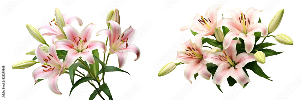 Collection of real elegant blooming lily with buds isolated on white background Collection of real elegant blooming lily with buds isolated on white background