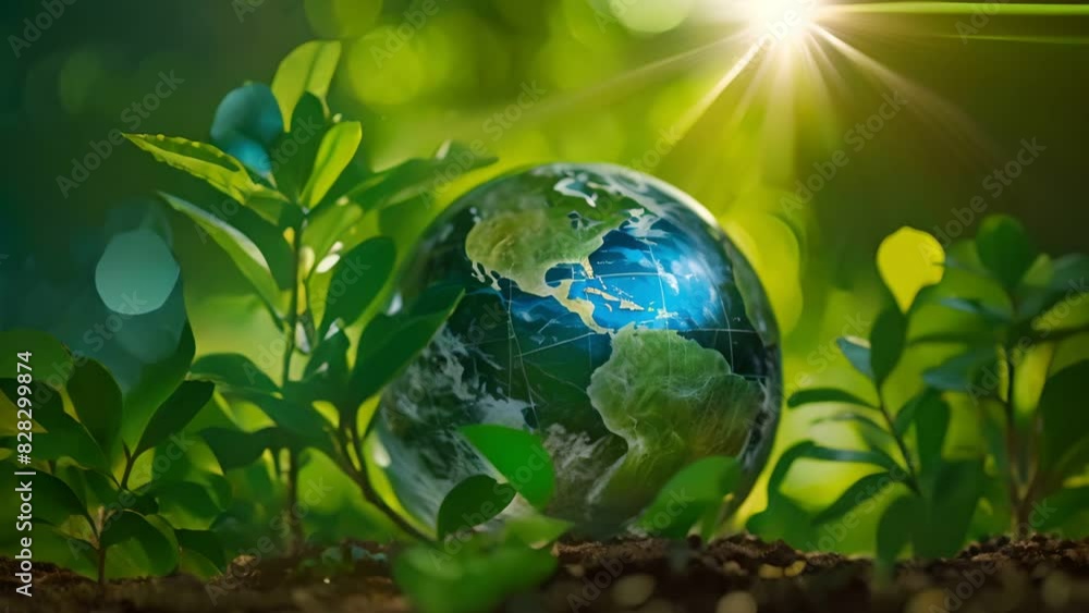 Glass globe on green nature, Green energy for clean and sustainable environment, Earth Day Glass globe on green nature, Green energy for clean and sustainable environment, Earth Day