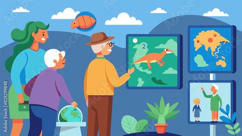 A tour of natural history showcasing the wonders of the earth and providing interactive exhibits for seniors to engage with.. Vector illustration