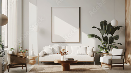 A white living room with a large white wall and a white couch