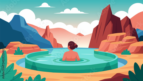 A picturesque landscape of a person sitting in a natural hot spring surrounded by beautiful rock formations and the sounds of nature as part of a revitalizing hydrotherapy session.. Vector