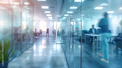 Business office with blurred people casual wear  with blurred bokeh background. Defocused board meeting background behind glass wall. Blurred office with people working behind glass wall 