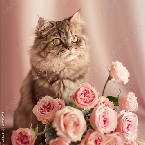 Majestic Siamese Cat Amidst a Bouquet of Pink Roses