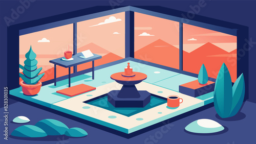 A zen garden rests in the corner of a busy office offering a peaceful respite for employees to recharge and refocus during their breaks.. Vector illustration