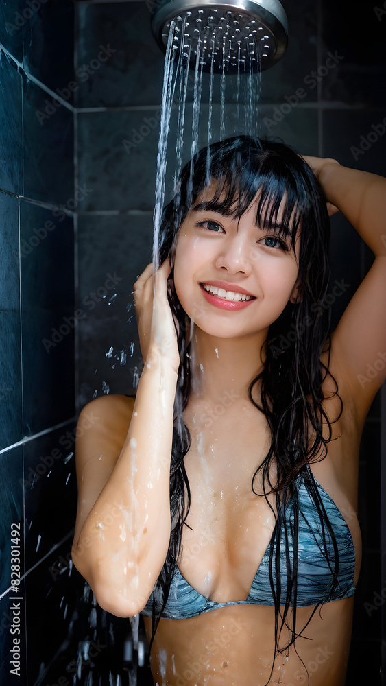 A dark-haired Asian beauty with a bright expression enjoying a shower after playing in the water A dark-haired Asian beauty with a bright expression enjoying a shower after playing in the water
