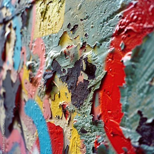 A graffiti-covered wall, colorful, artistic, rebellious, textured, urban, smartphone, macro lens attachment, midday, close-up shot, Fuji Superia X-tra. photo