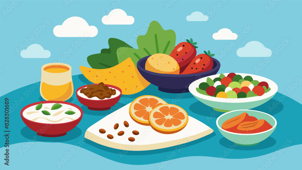 An inviting assortment of Mediterranean mezze showcasing hearty lentil salad savory halloumi cheese and delicate stuffed peppers.. Vector illustration An inviting assortment of Mediterranean mezze showcasing hearty lentil salad savory halloumi cheese and delicate stuffed peppers.. Vector illustration