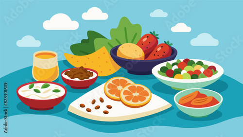 An inviting assortment of Mediterranean mezze showcasing hearty lentil salad savory halloumi cheese and delicate stuffed peppers.. Vector illustration