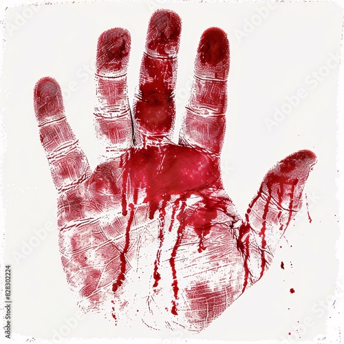The image depicts a bloody handprint on a white background. photo