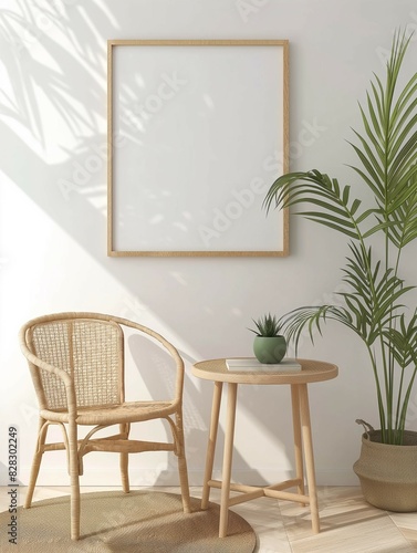 Frame mockup, modern home interior with tea table and chairs, wall poster frame, 3D render © woojooo