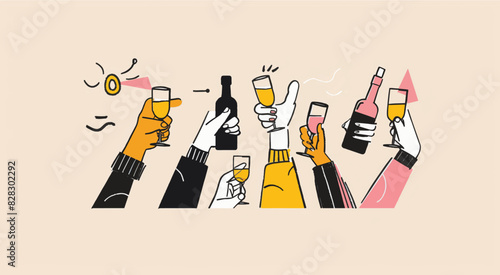 A group of people celebrating holding alcoholic drinks. Friends toasting with drinks