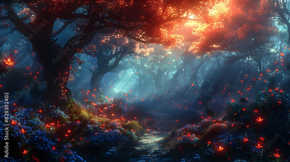 Obraz premium Enchanting Autumnal Forest Path Glowing in Ethereal Moonlight and Mystical Atmosphere