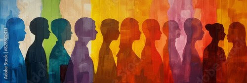 Colorful silhouettes of diverse people in a row against a vibrant background.
