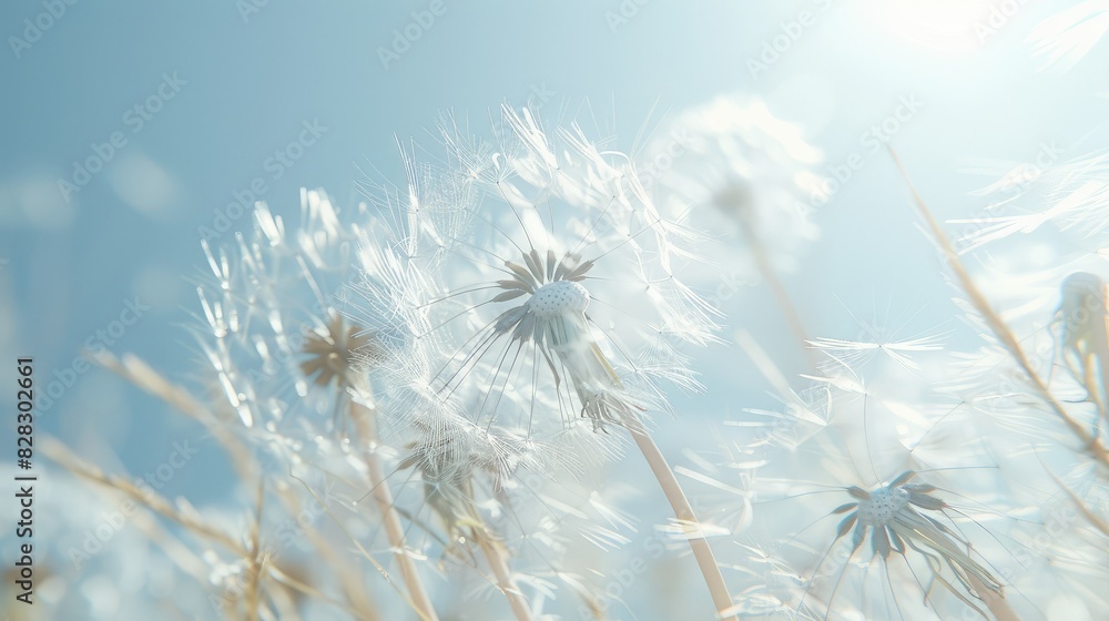 Delicate dandelion seeds dancing in the breeze against a bright spring sky Delicate dandelion seeds dancing in the breeze against a bright spring sky