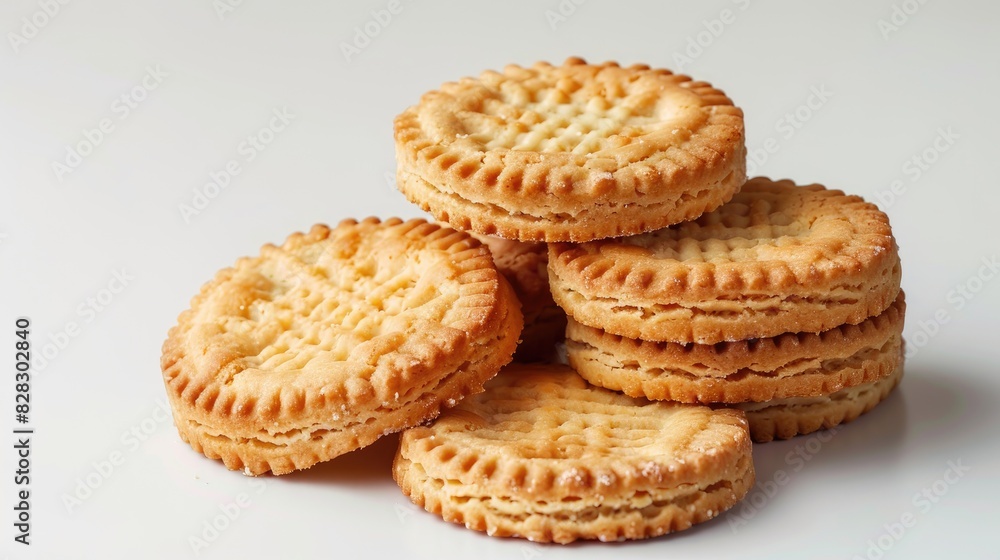 Crunchy round biscuits set against a plain white backdrop with a clipping path Crunchy round biscuits set against a plain white backdrop with a clipping path