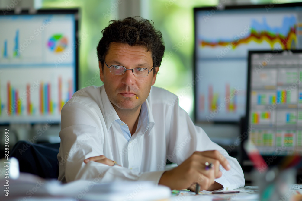 A trader reviewing risk management strategies in a quiet office setting. Surrounded by financial reports, charts, and a large monitor displaying risk analysis software A trader reviewing risk management strategies in a quiet office setting. Surrounded by financial reports, charts, and a large monitor displaying risk analysis software