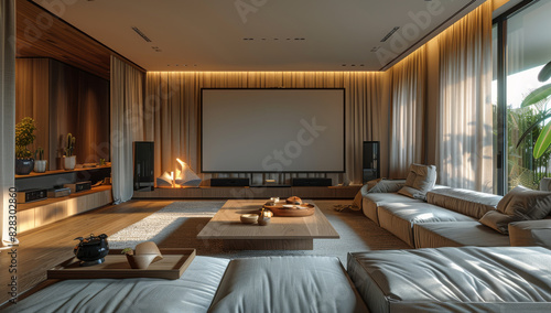 A pure perspective image of the living room with the large screen projection in the center and the brown wooden table around the sofa in the middle  luxury minimalist style. Generative AI.