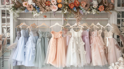 Several pastel-colored dresses hanging on a rack in front of a white wall. The dresses are mostly pink, blue, and green, and are made of a fluffy material.