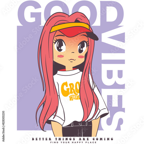 good vibes, cool girl with pink long hair