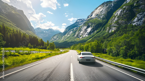 Modern, Sleek Car Speeding Down Highway Amidst Picturesque Mountain Landscape Emphasizing Adventure, Freedom, and High Performance Engineering © Herman