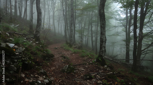 A foggy forest path. The trees are tall and the branches are thick. The path is covered in leaves and there is a large rock to the left of the path.