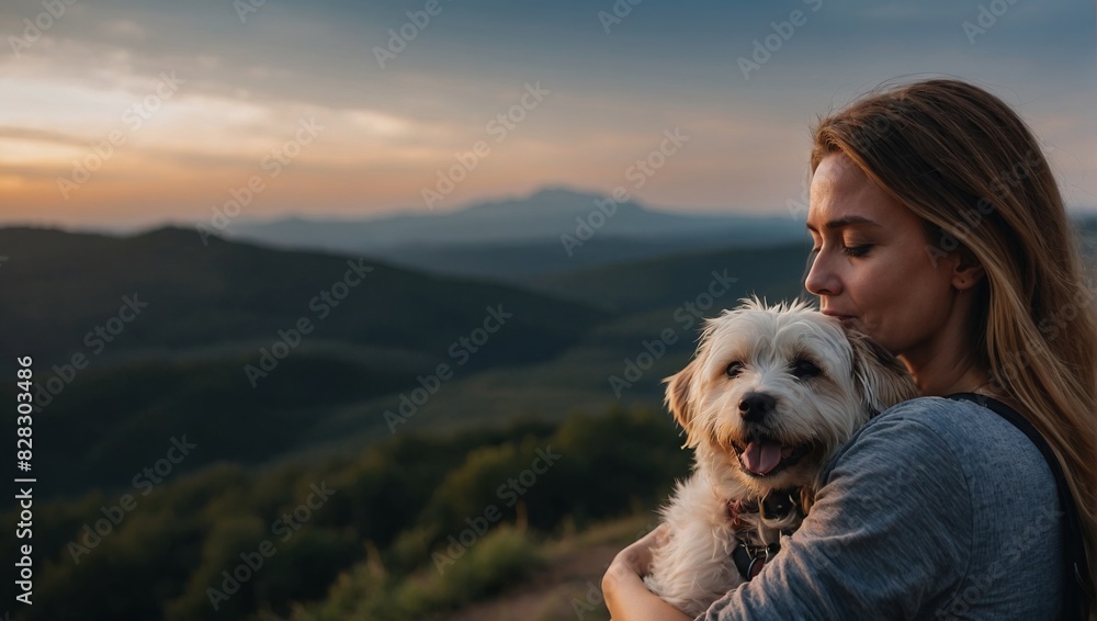 A woman traveler is hugging her dog in her arms while she travel on her summer holiday.