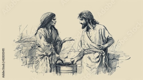 Biblical Illustration of Jesus with Woman at Well, Living Water, Beige Background, Copyspace