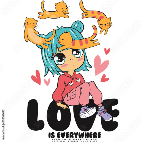 love is everwhere, The cute girl with blue hair sends a strong message with orange cats flying around her head