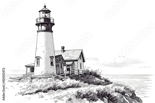 lighthouse sketch, black and white illustration in pencil hand drawn style.