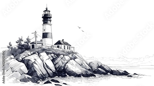 lighthouse sketch, black and white illustration in lithograph style.