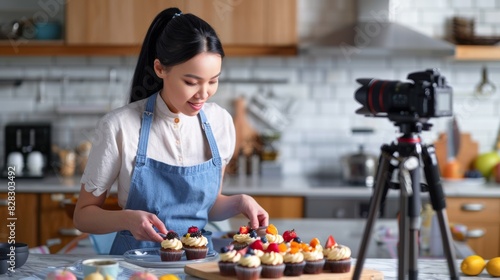 Fototapeta Naklejka Na Ścianę i Meble -  The woman decorating cupcakes