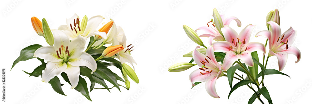 Collection of real elegant blooming lily with buds isolated on white background Collection of real elegant blooming lily with buds isolated on white background